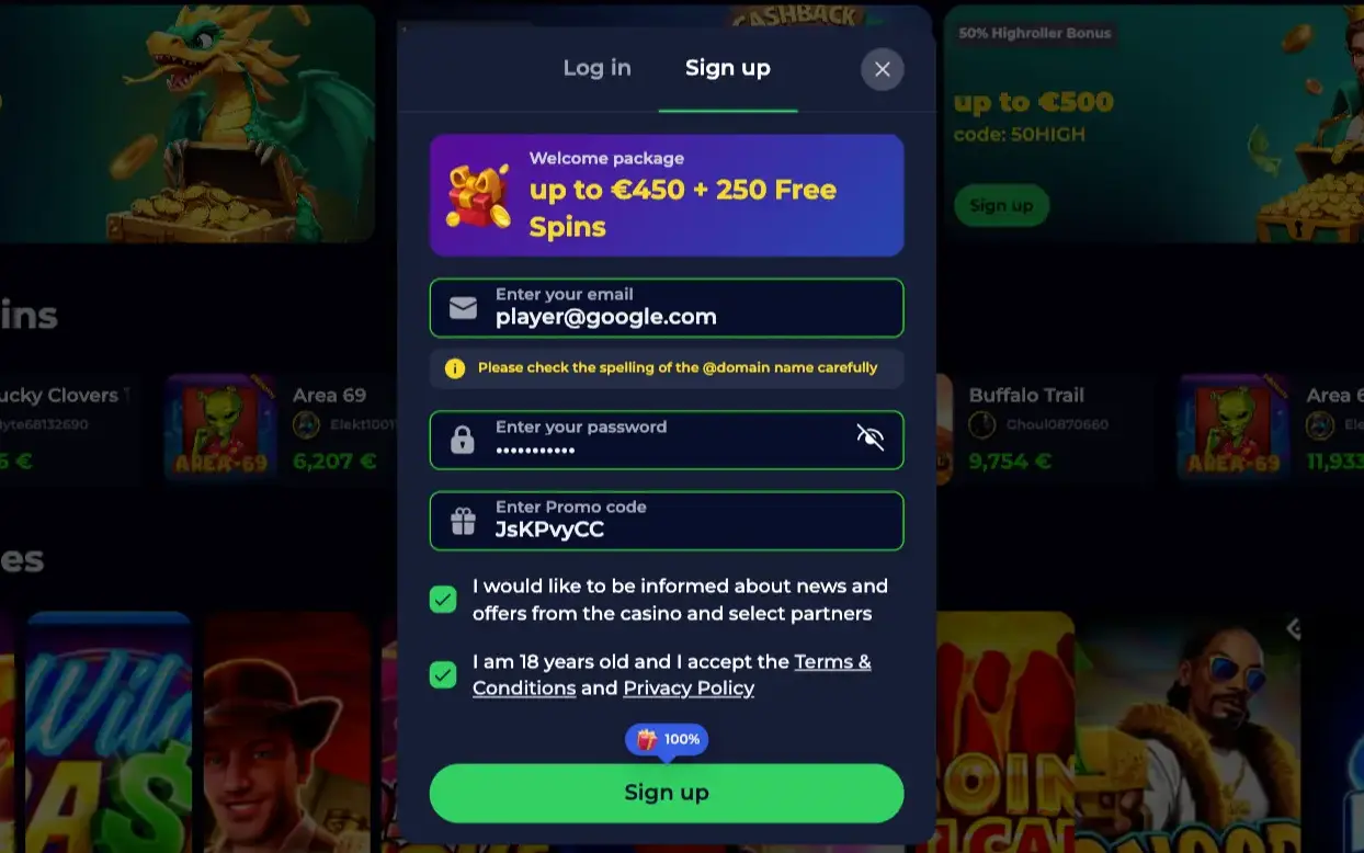 Nine Win Casino Sign Up Form