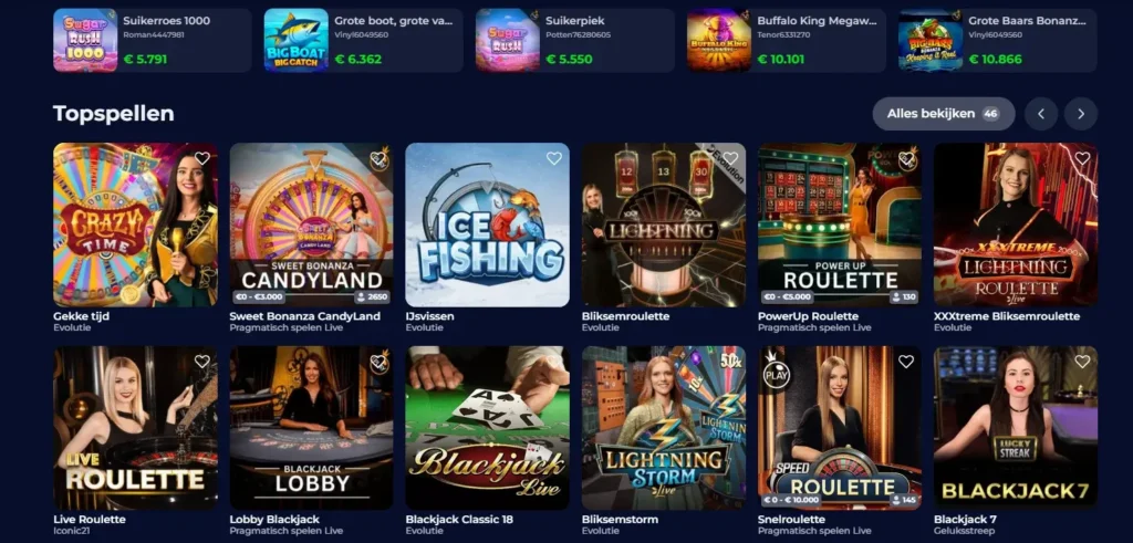 NineWin Online Casino spelselectiemenu