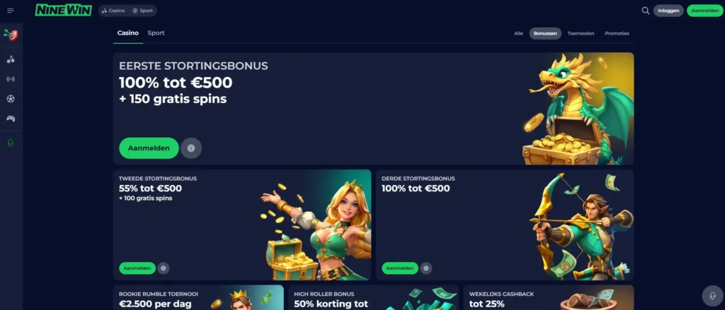 Beschikbare bonussen en acties op NineWin Casino